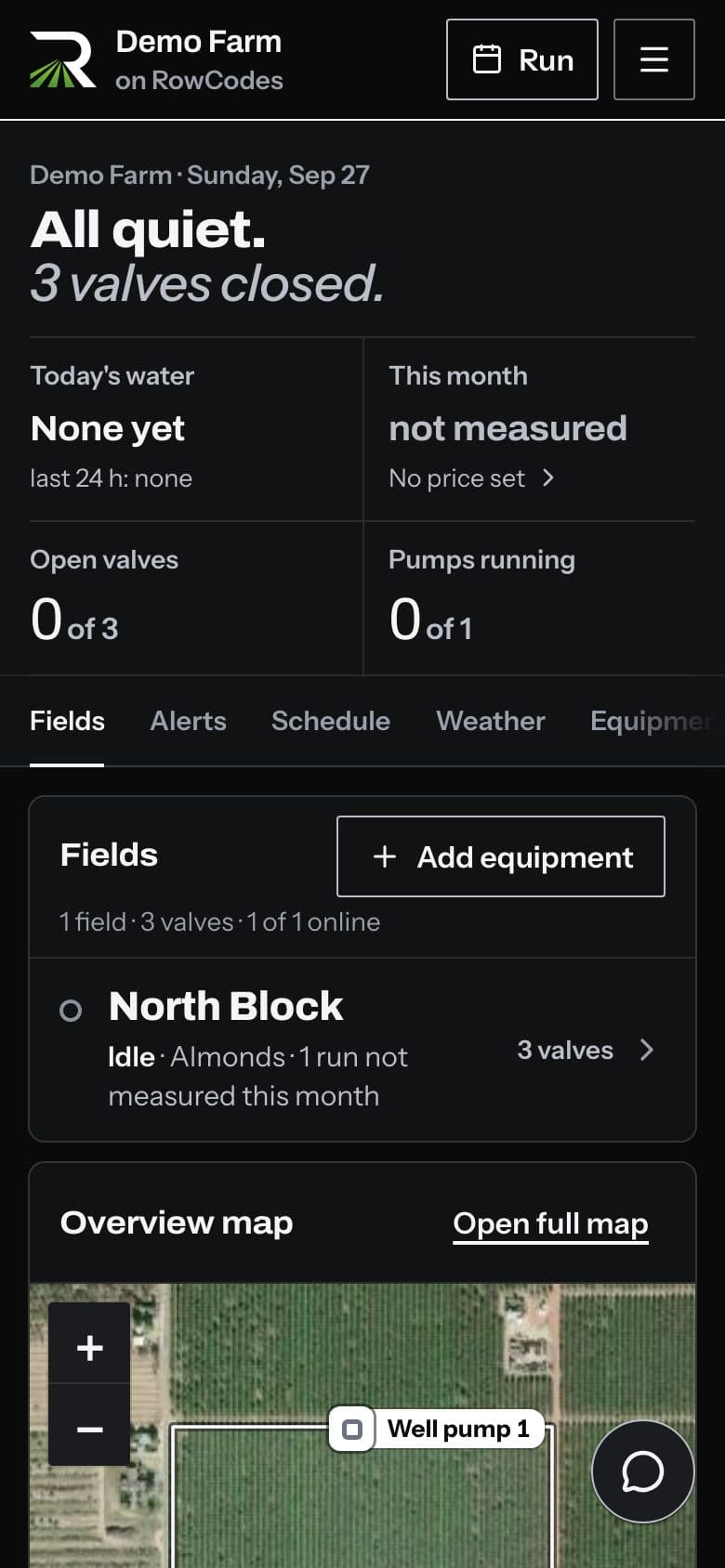 RowCodes on a phone with Demo Farm loaded: a status line, a map of valves and a pump, and today's water numbers