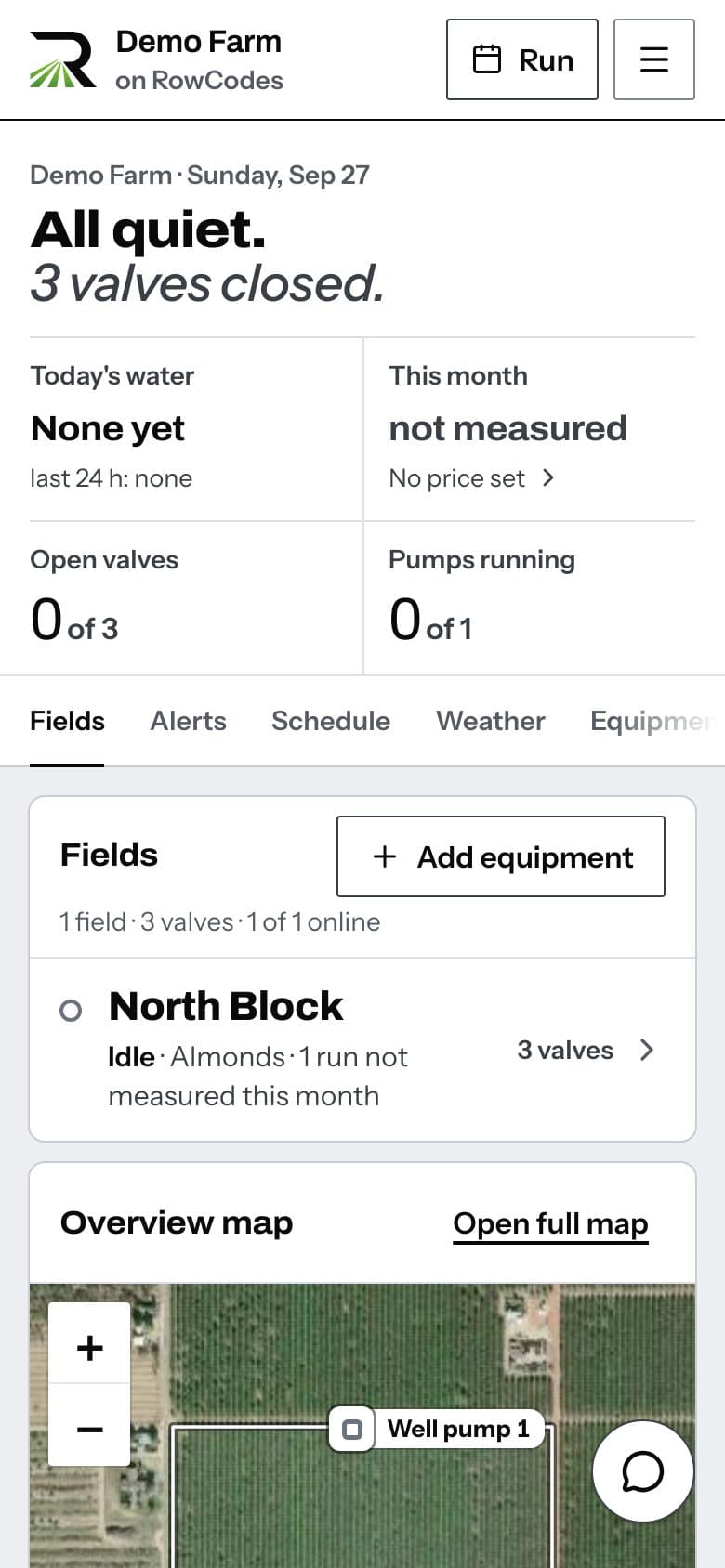 RowCodes on a phone with Demo Farm loaded: a status line, a map of valves and a pump, and today's water numbers