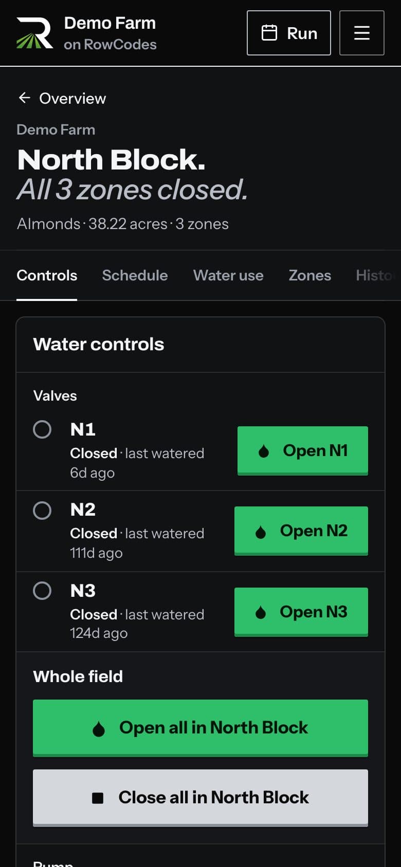 A field page on a phone with Demo Farm loaded: each valve's state, an Open control, and Open all and Close all for the field