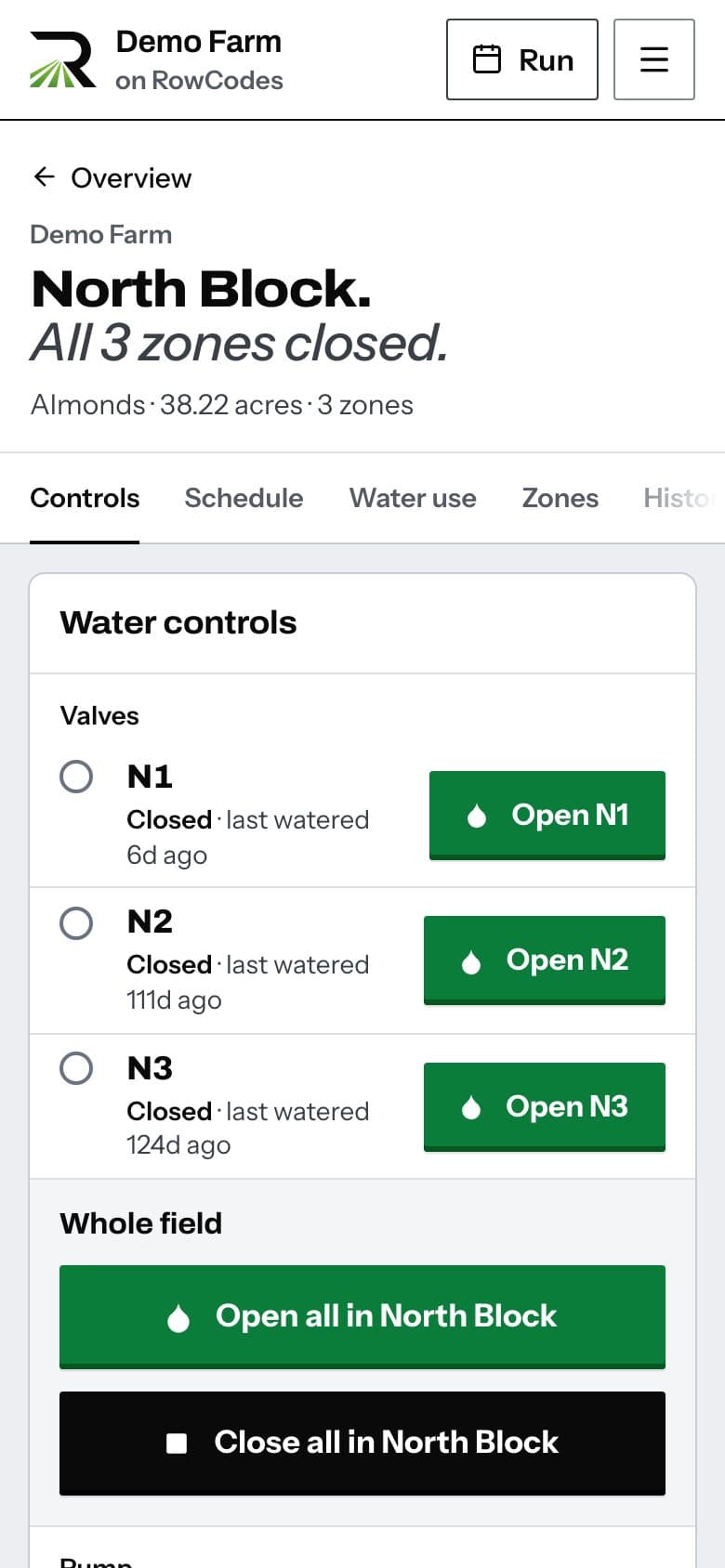 A field page on a phone with Demo Farm loaded: each valve's state, an Open control, and Open all and Close all for the field